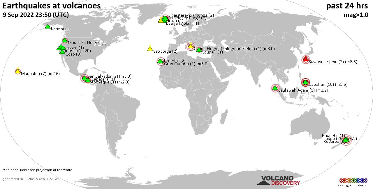 World map showing volcanoes with shallow (less than 50 km) earthquakes within 20 km radius  during the past 24 hours on  9 Sep 2022 Number in brackets indicate nr of quakes.