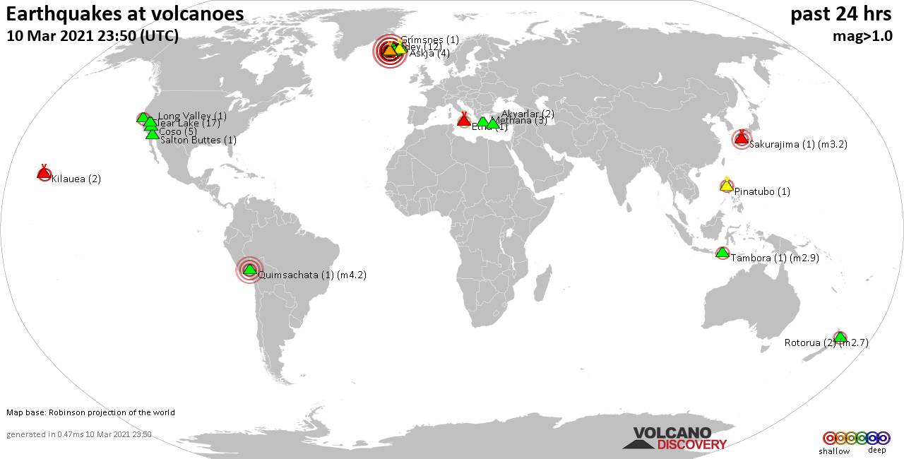 World map showing volcanoes with shallow (less than 20 km) earthquakes within 20 km radius  during the past 24 hours on 10 Mar 2021 Number in brackets indicate nr of quakes.