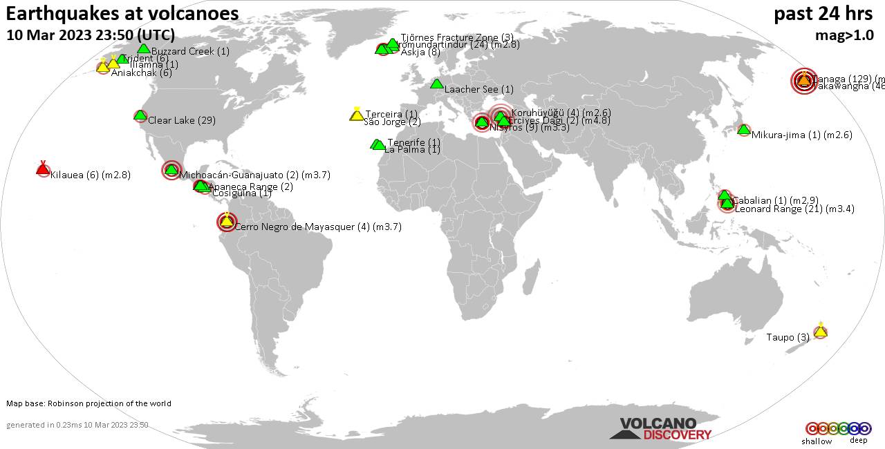 World map showing volcanoes with shallow (less than 50 km) earthquakes within 20 km radius  during the past 24 hours on 10 Mar 2023 Number in brackets indicate nr of quakes.