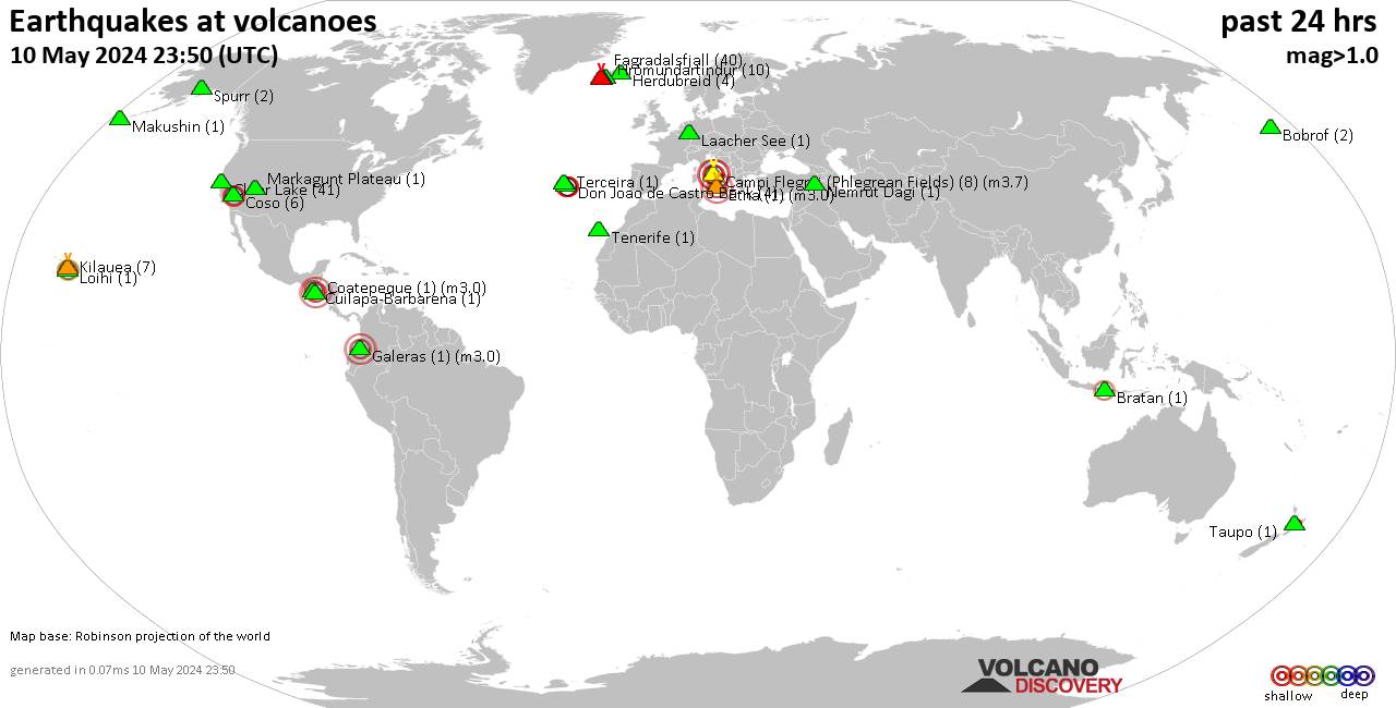 World map showing volcanoes with shallow (less than 50 km) earthquakes within 20 km radius  during the past 24 hours on 10 May 2024 Number in brackets indicate nr of quakes.