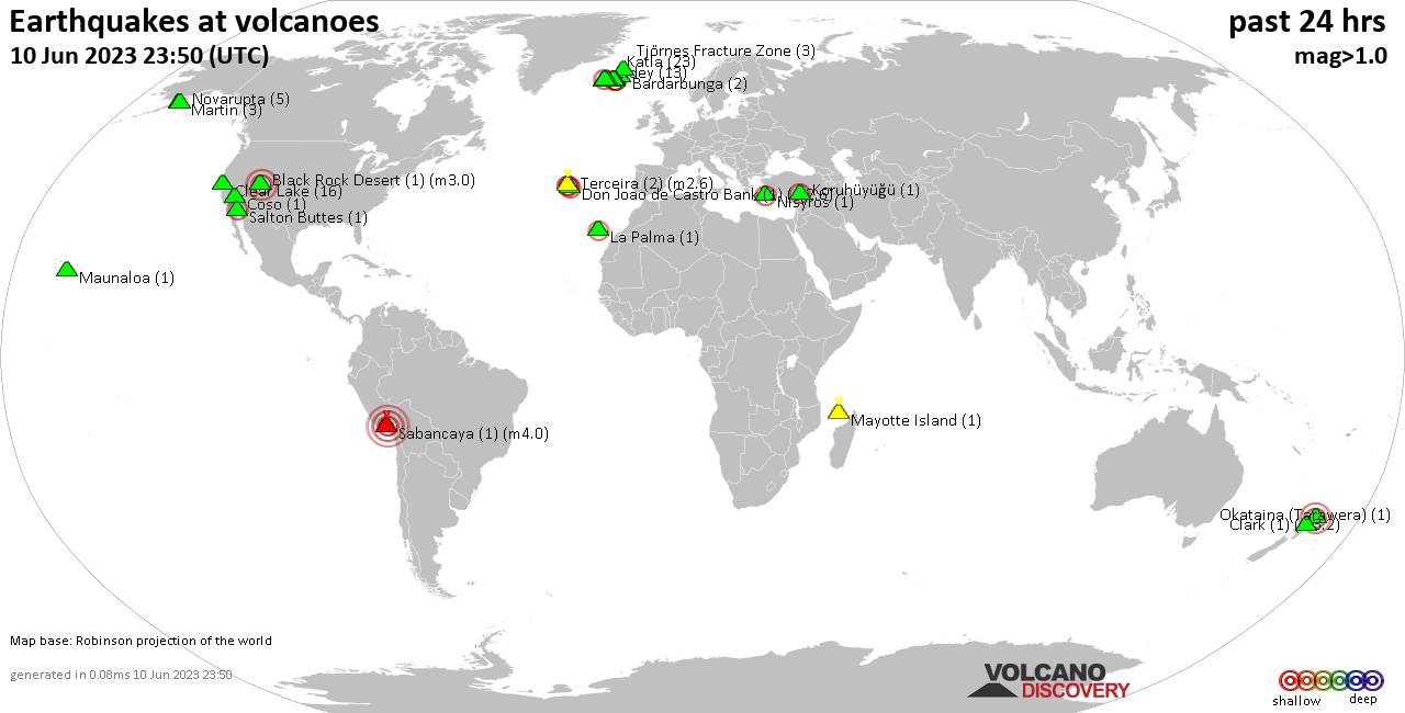 World map showing volcanoes with shallow (less than 50 km) earthquakes within 20 km radius  during the past 24 hours on 10 Jun 2023 Number in brackets indicate nr of quakes.