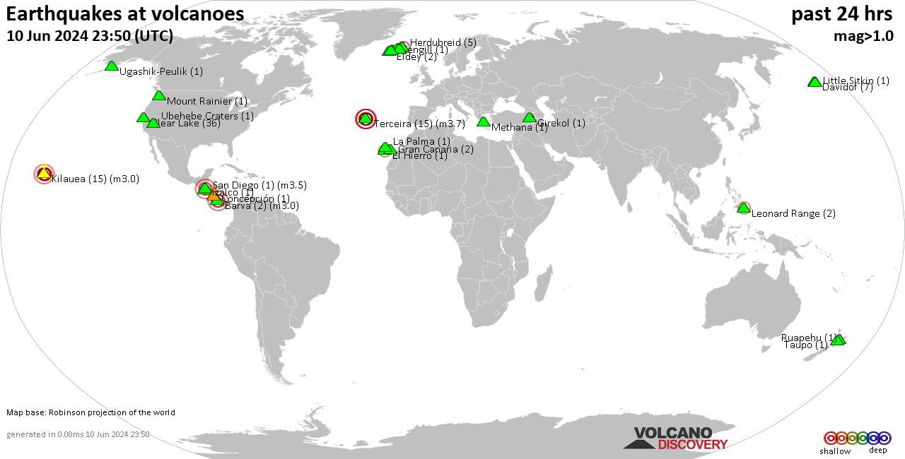 World map showing volcanoes with shallow (less than 50 km) earthquakes within 20 km radius  during the past 24 hours on 10 Jun 2024 Number in brackets indicate nr of quakes.