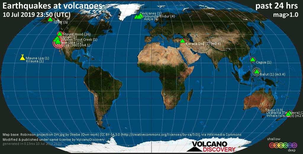 World map showing volcanoes with shallow (less than 20 km) earthquakes within 20 km radius  during the past 24 hours on 10 Jul 2019 Number in brackets indicate nr of quakes.