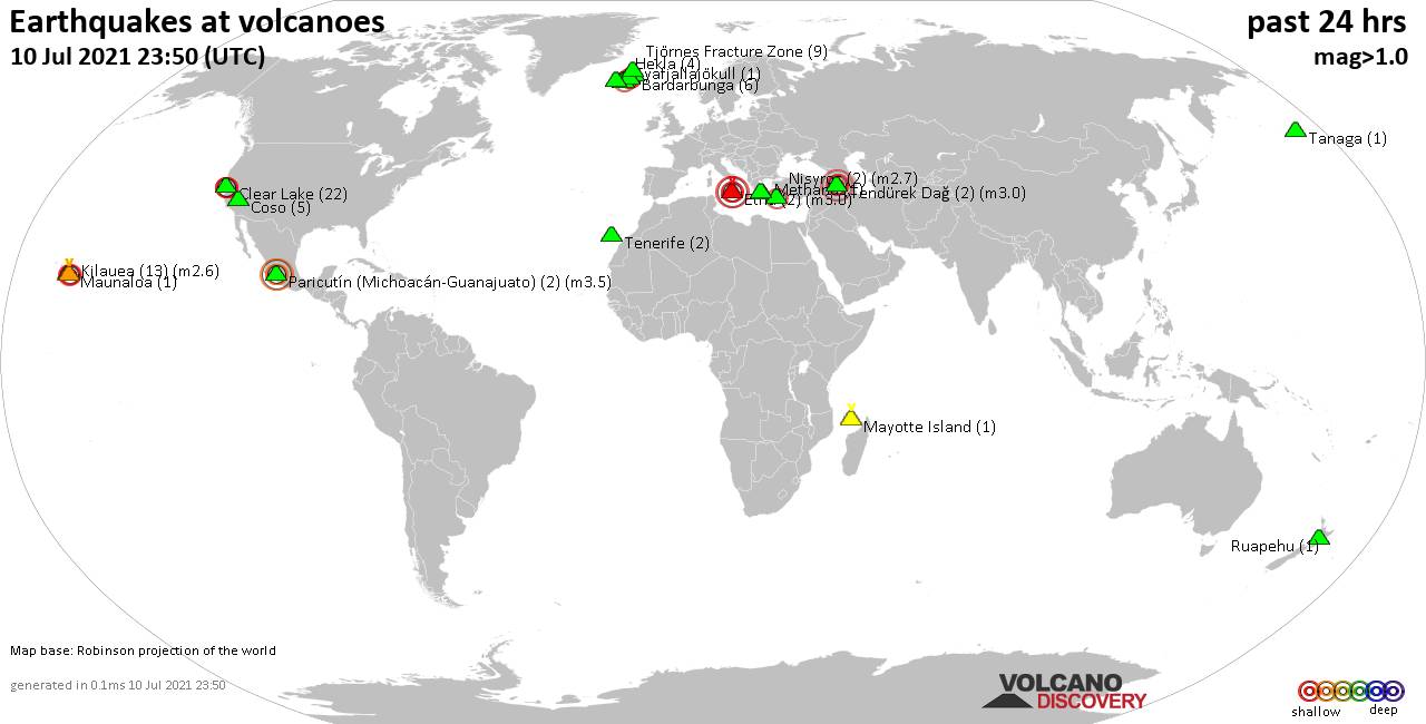 World map showing volcanoes with shallow (less than 20 km) earthquakes within 20 km radius  during the past 24 hours on 10 Jul 2021 Number in brackets indicate nr of quakes.