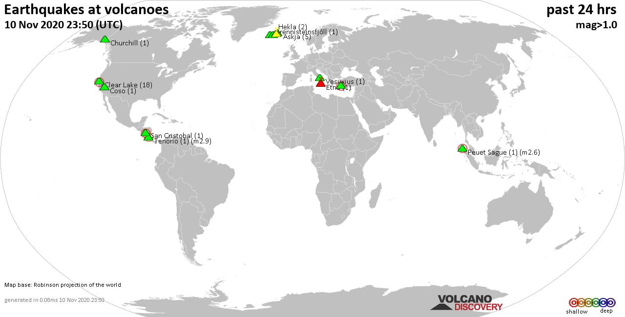 World map showing volcanoes with shallow (less than 20 km) earthquakes within 20 km radius  during the past 24 hours on 10 Nov 2020 Number in brackets indicate nr of quakes.
