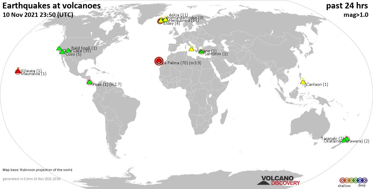 World map showing volcanoes with shallow (less than 20 km) earthquakes within 20 km radius  during the past 24 hours on 10 Nov 2021 Number in brackets indicate nr of quakes.
