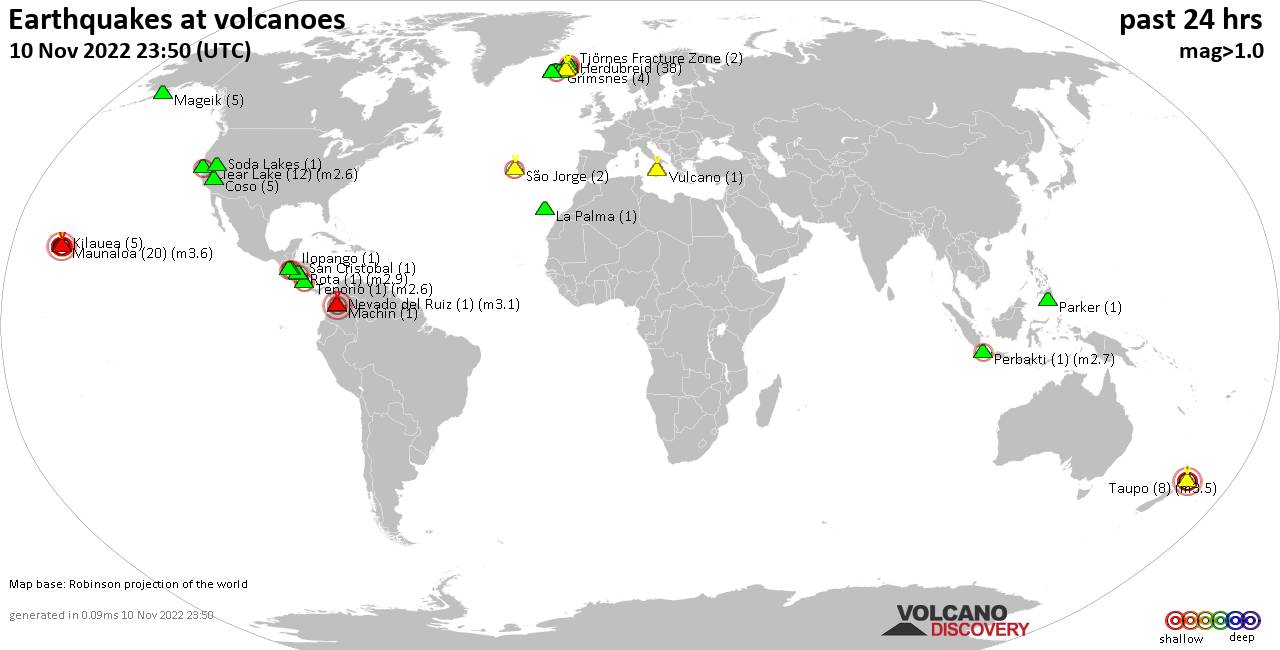 World map showing volcanoes with shallow (less than 50 km) earthquakes within 20 km radius  during the past 24 hours on 10 Nov 2022 Number in brackets indicate nr of quakes.