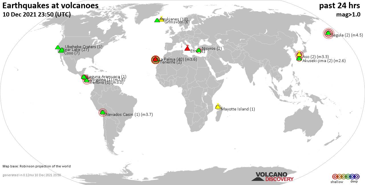 World map showing volcanoes with shallow (less than 50 km) earthquakes within 20 km radius  during the past 24 hours on 10 Dec 2021 Number in brackets indicate nr of quakes.
