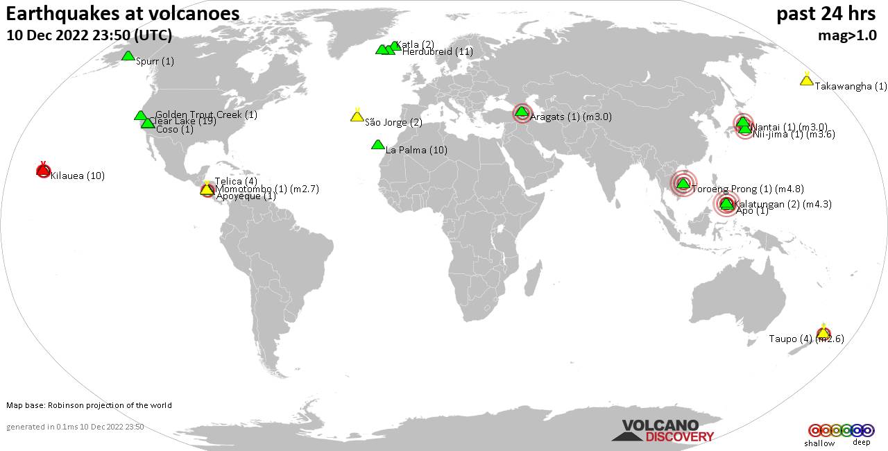 World map showing volcanoes with shallow (less than 50 km) earthquakes within 20 km radius  during the past 24 hours on 10 Dec 2022 Number in brackets indicate nr of quakes.