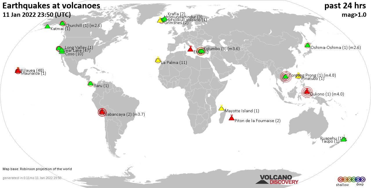 World map showing volcanoes with shallow (less than 50 km) earthquakes within 20 km radius  during the past 24 hours on 11 Jan 2022 Number in brackets indicate nr of quakes.