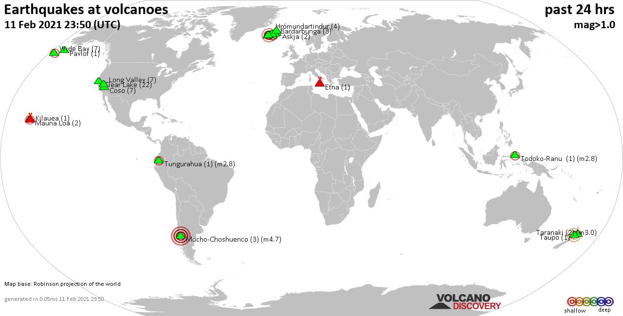 World map showing volcanoes with shallow (less than 20 km) earthquakes within 20 km radius  during the past 24 hours on 11 Feb 2021 Number in brackets indicate nr of quakes.