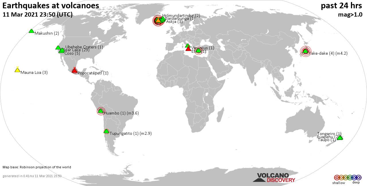 World map showing volcanoes with shallow (less than 20 km) earthquakes within 20 km radius  during the past 24 hours on 11 Mar 2021 Number in brackets indicate nr of quakes.