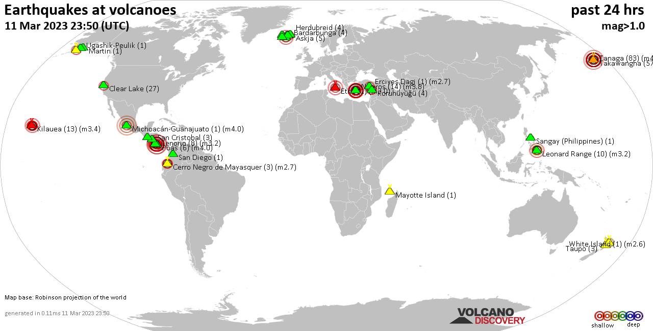 World map showing volcanoes with shallow (less than 50 km) earthquakes within 20 km radius  during the past 24 hours on 11 Mar 2023 Number in brackets indicate nr of quakes.