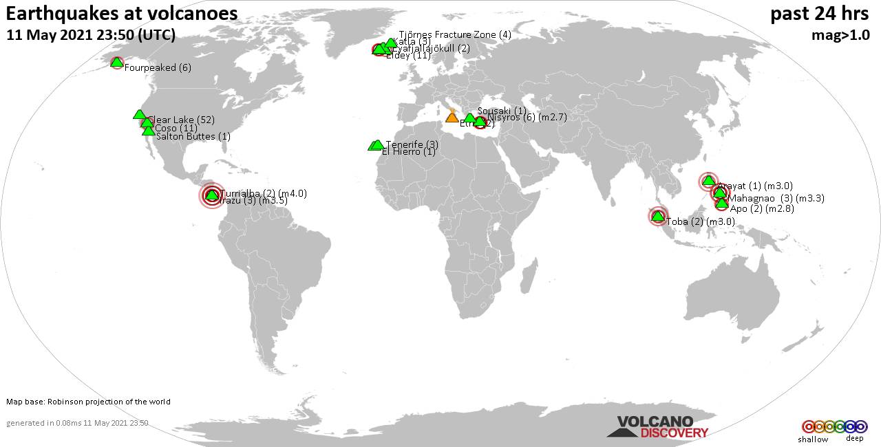 World map showing volcanoes with shallow (less than 20 km) earthquakes within 20 km radius  during the past 24 hours on 11 May 2021 Number in brackets indicate nr of quakes.