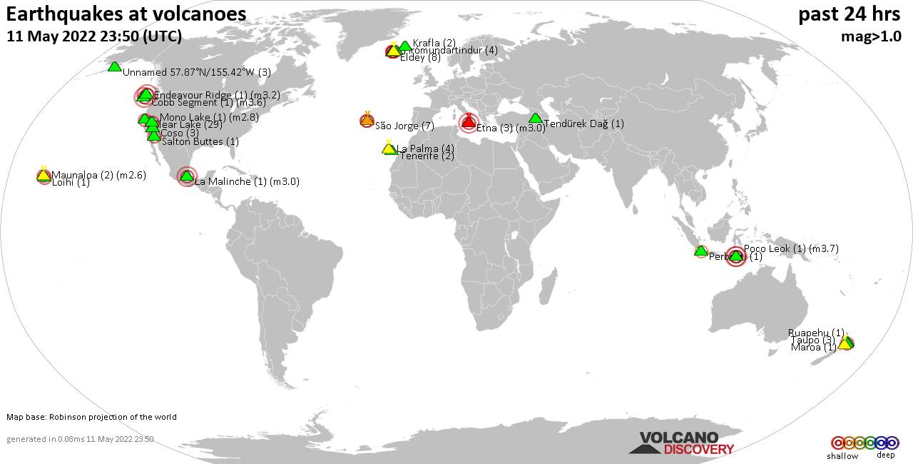World map showing volcanoes with shallow (less than 50 km) earthquakes within 20 km radius  during the past 24 hours on 11 May 2022 Number in brackets indicate nr of quakes.