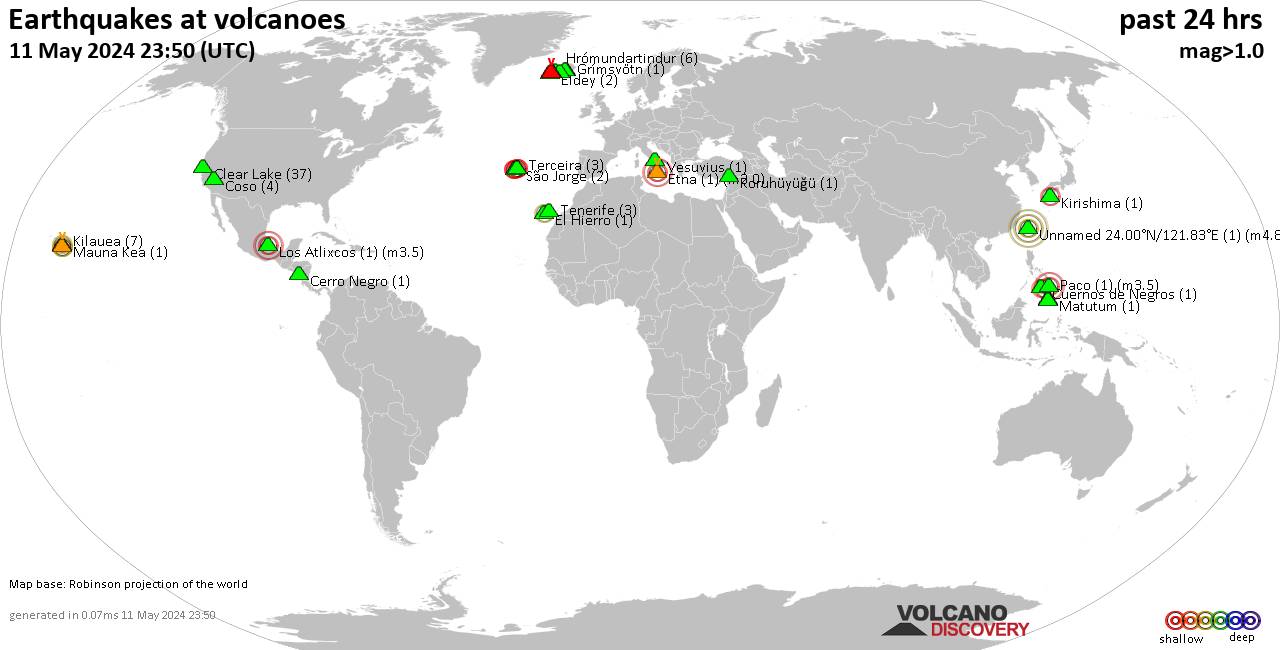 World map showing volcanoes with shallow (less than 50 km) earthquakes within 20 km radius  during the past 24 hours on 11 May 2024 Number in brackets indicate nr of quakes.