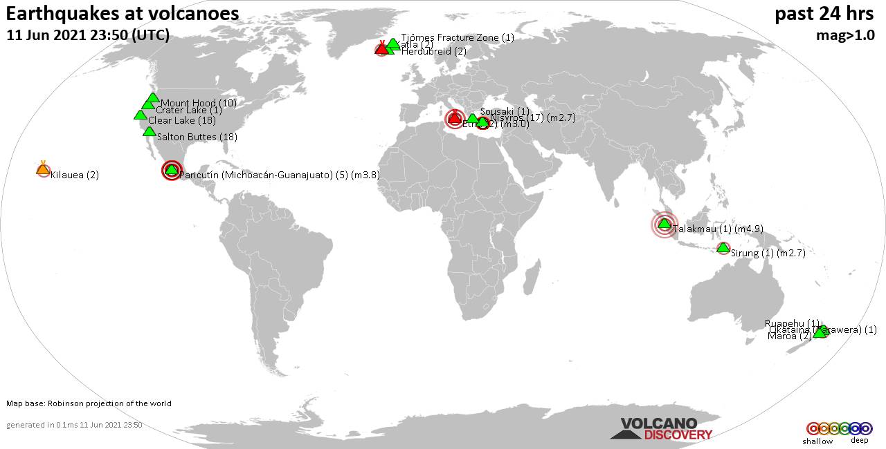 World map showing volcanoes with shallow (less than 20 km) earthquakes within 20 km radius  during the past 24 hours on 11 Jun 2021 Number in brackets indicate nr of quakes.