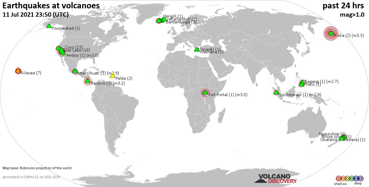 World map showing volcanoes with shallow (less than 20 km) earthquakes within 20 km radius  during the past 24 hours on 11 Jul 2021 Number in brackets indicate nr of quakes.