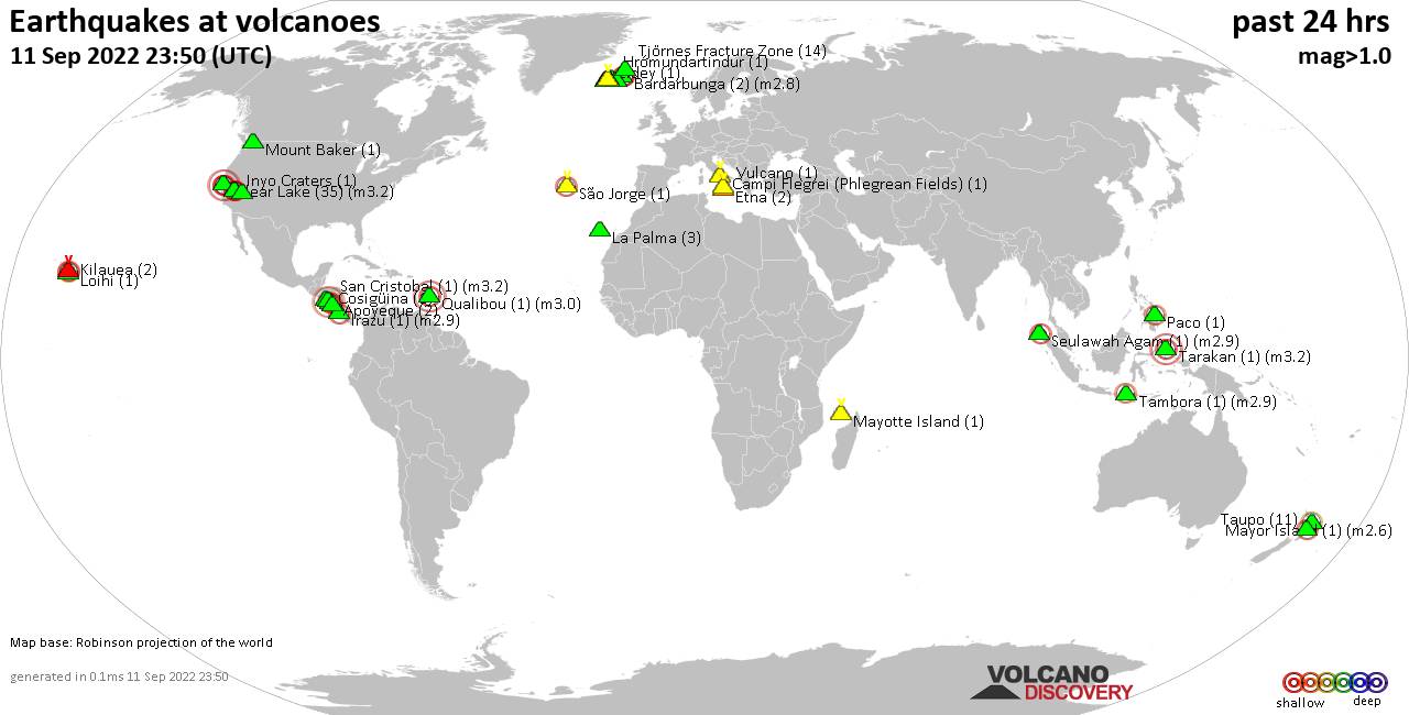 World map showing volcanoes with shallow (less than 50 km) earthquakes within 20 km radius  during the past 24 hours on 11 Sep 2022 Number in brackets indicate nr of quakes.