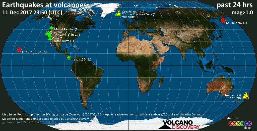 World map showing volcanoes with shallow (less than 20 km) earthquakes within 20 km radius  during the past 24 hours on 11 Dec 2017 Number in brackets indicate nr of quakes.
