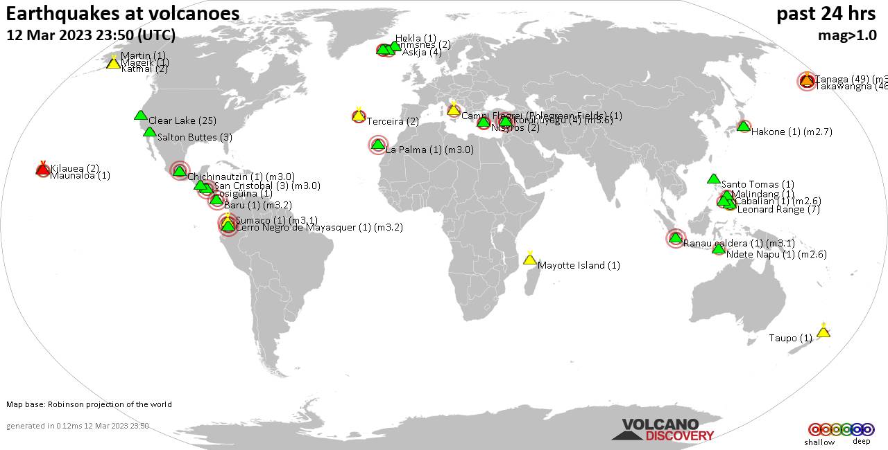 World map showing volcanoes with shallow (less than 50 km) earthquakes within 20 km radius  during the past 24 hours on 12 Mar 2023 Number in brackets indicate nr of quakes.