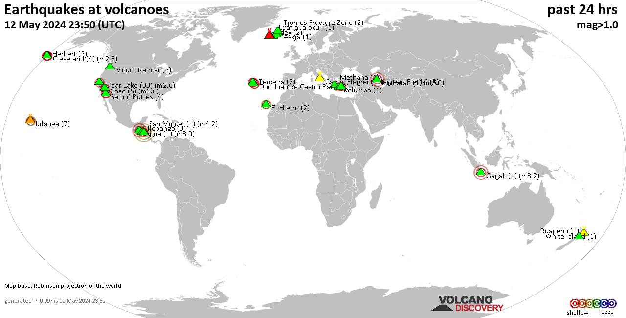 World map showing volcanoes with shallow (less than 50 km) earthquakes within 20 km radius  during the past 24 hours on 12 May 2024 Number in brackets indicate nr of quakes.