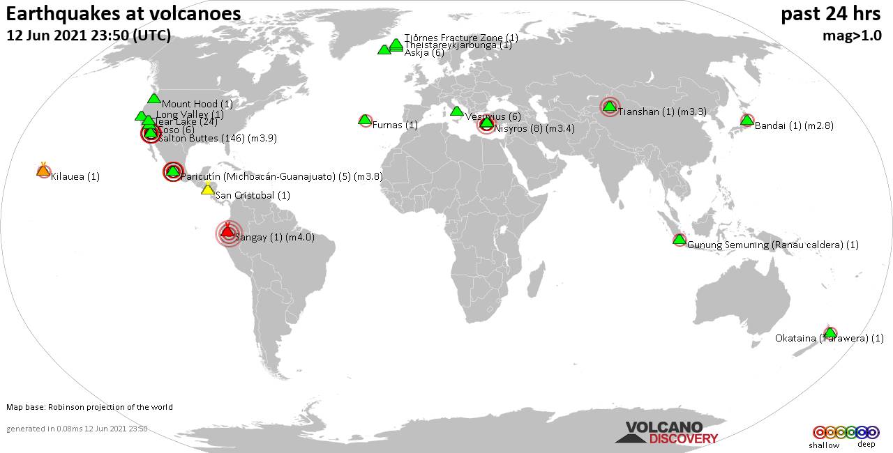World map showing volcanoes with shallow (less than 20 km) earthquakes within 20 km radius  during the past 24 hours on 12 Jun 2021 Number in brackets indicate nr of quakes.