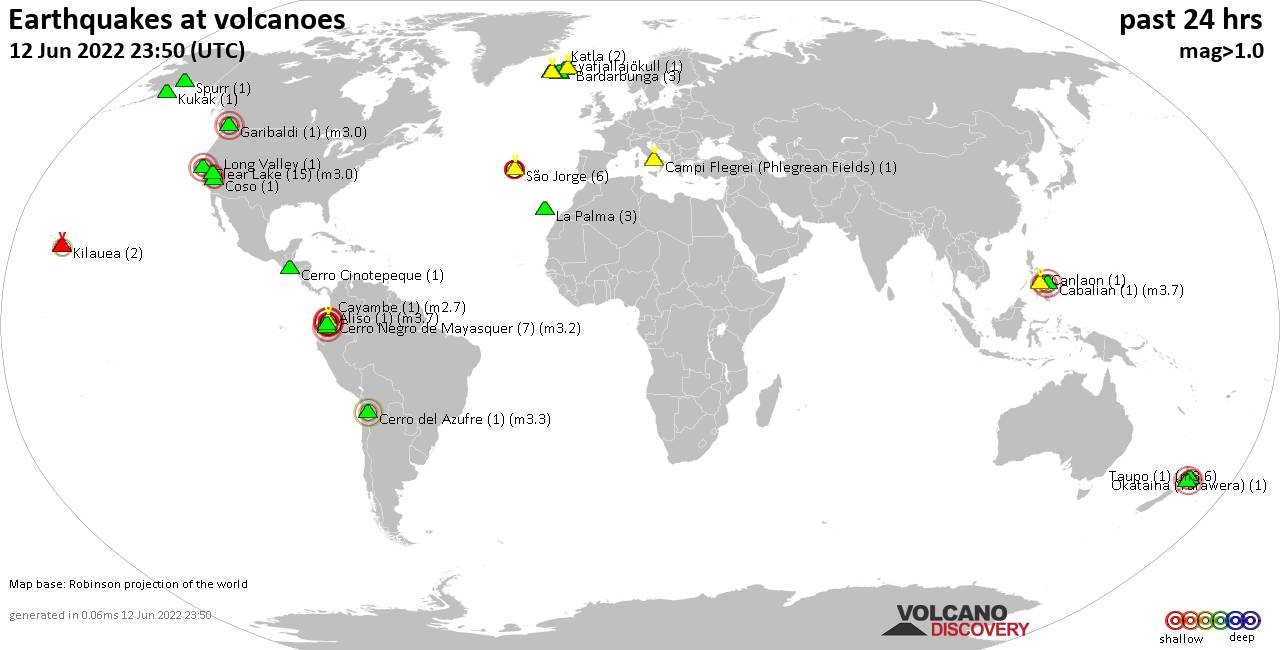 World map showing volcanoes with shallow (less than 50 km) earthquakes within 20 km radius  during the past 24 hours on 12 Jun 2022 Number in brackets indicate nr of quakes.