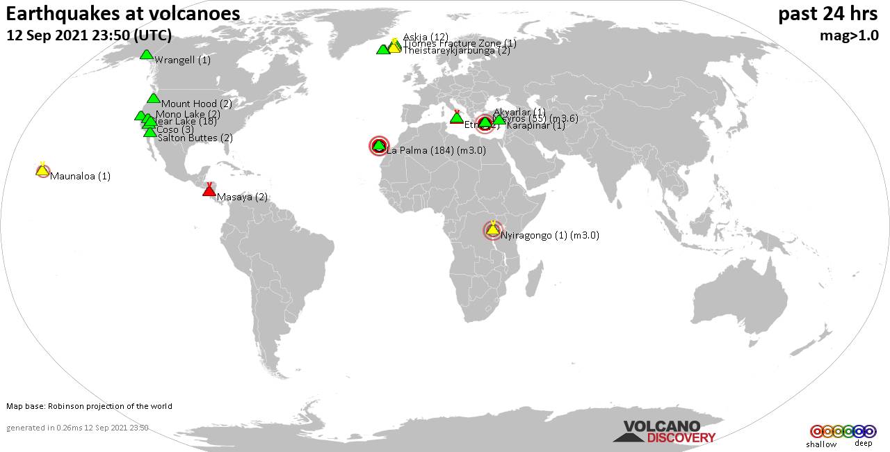 World map showing volcanoes with shallow (less than 20 km) earthquakes within 20 km radius  during the past 24 hours on 12 Sep 2021 Number in brackets indicate nr of quakes.