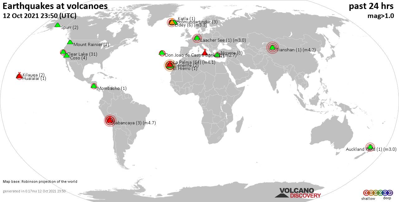 World map showing volcanoes with shallow (less than 20 km) earthquakes within 20 km radius  during the past 24 hours on 12 Oct 2021 Number in brackets indicate nr of quakes.
