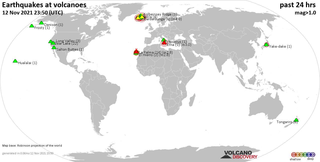 World map showing volcanoes with shallow (less than 20 km) earthquakes within 20 km radius  during the past 24 hours on 12 Nov 2021 Number in brackets indicate nr of quakes.