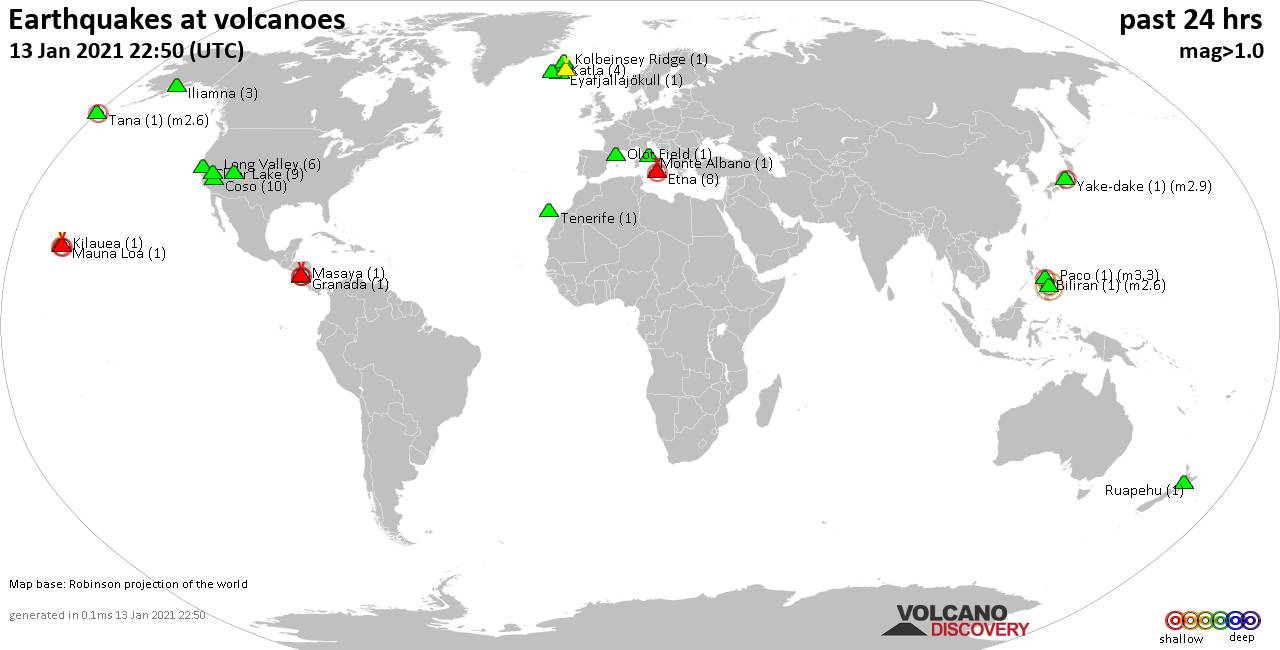 World map showing volcanoes with shallow (less than 20 km) earthquakes within 20 km radius  during the past 24 hours on 13 Jan 2021 Number in brackets indicate nr of quakes.