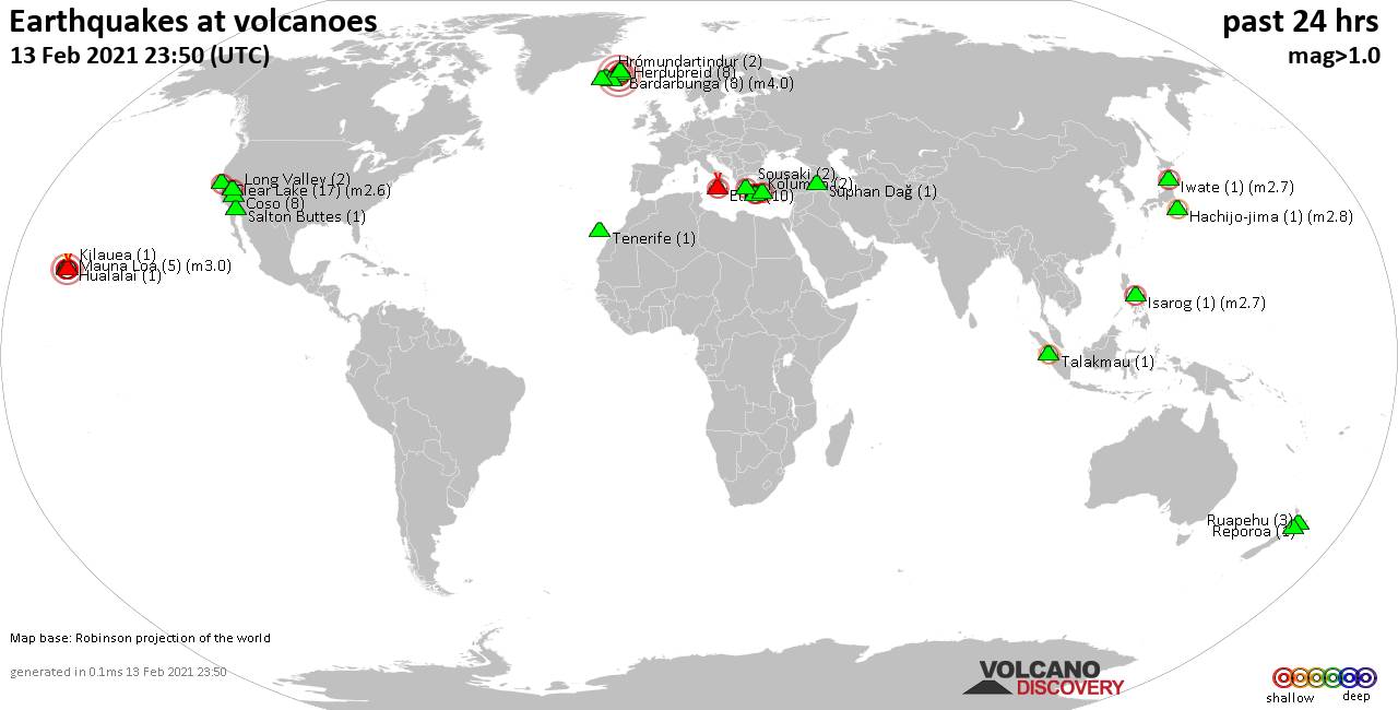 World map showing volcanoes with shallow (less than 20 km) earthquakes within 20 km radius  during the past 24 hours on 13 Feb 2021 Number in brackets indicate nr of quakes.