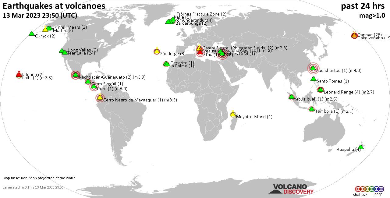 World map showing volcanoes with shallow (less than 50 km) earthquakes within 20 km radius  during the past 24 hours on 13 Mar 2023 Number in brackets indicate nr of quakes.