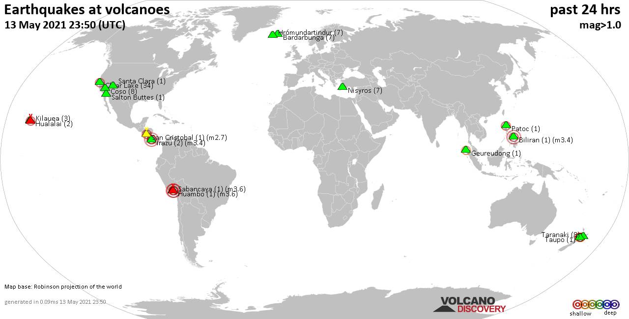 World map showing volcanoes with shallow (less than 20 km) earthquakes within 20 km radius  during the past 24 hours on 13 May 2021 Number in brackets indicate nr of quakes.