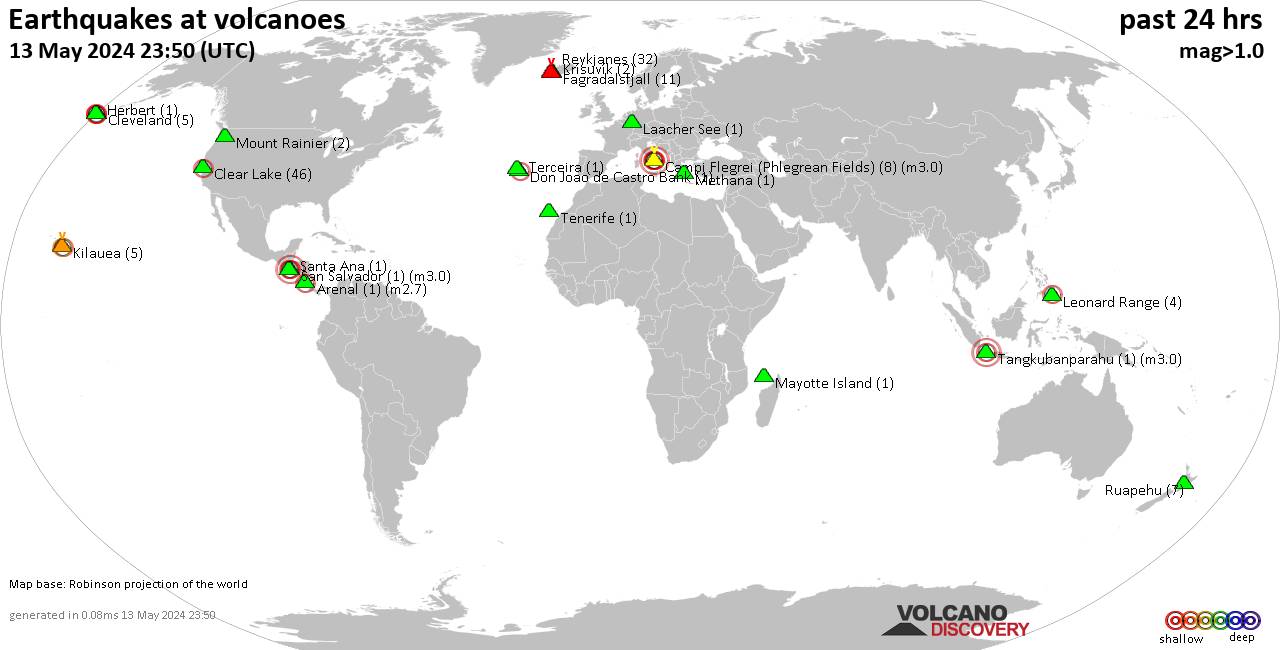 World map showing volcanoes with shallow (less than 50 km) earthquakes within 20 km radius  during the past 24 hours on 13 May 2024 Number in brackets indicate nr of quakes.