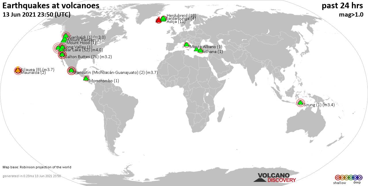 World map showing volcanoes with shallow (less than 20 km) earthquakes within 20 km radius  during the past 24 hours on 13 Jun 2021 Number in brackets indicate nr of quakes.