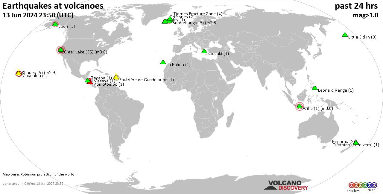 World map showing volcanoes with shallow (less than 50 km) earthquakes within 20 km radius  during the past 24 hours on 13 Jun 2024 Number in brackets indicate nr of quakes.