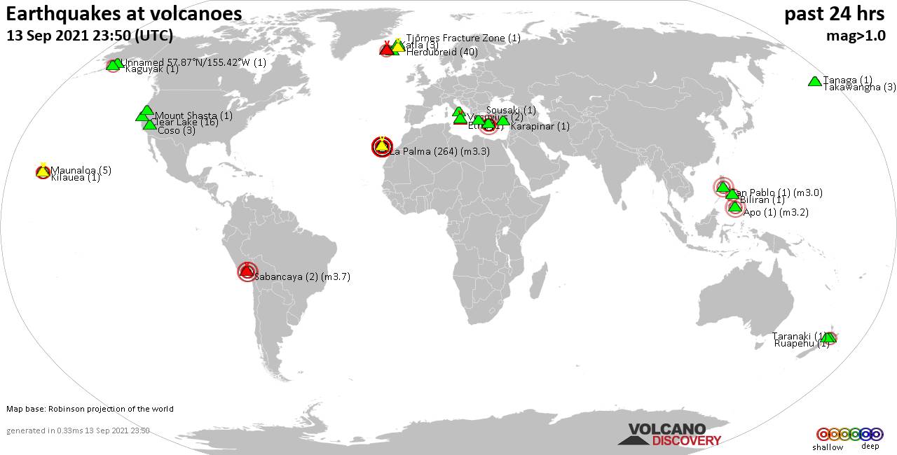 World map showing volcanoes with shallow (less than 20 km) earthquakes within 20 km radius  during the past 24 hours on 13 Sep 2021 Number in brackets indicate nr of quakes.