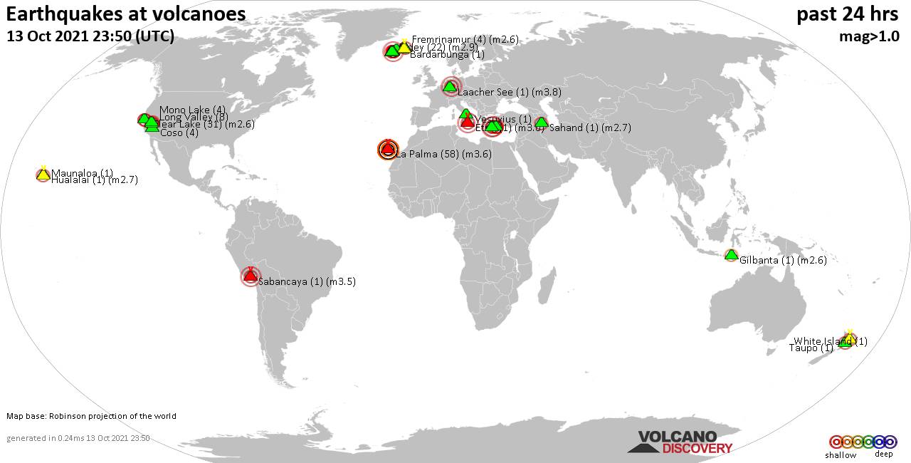 World map showing volcanoes with shallow (less than 20 km) earthquakes within 20 km radius  during the past 24 hours on 13 Oct 2021 Number in brackets indicate nr of quakes.