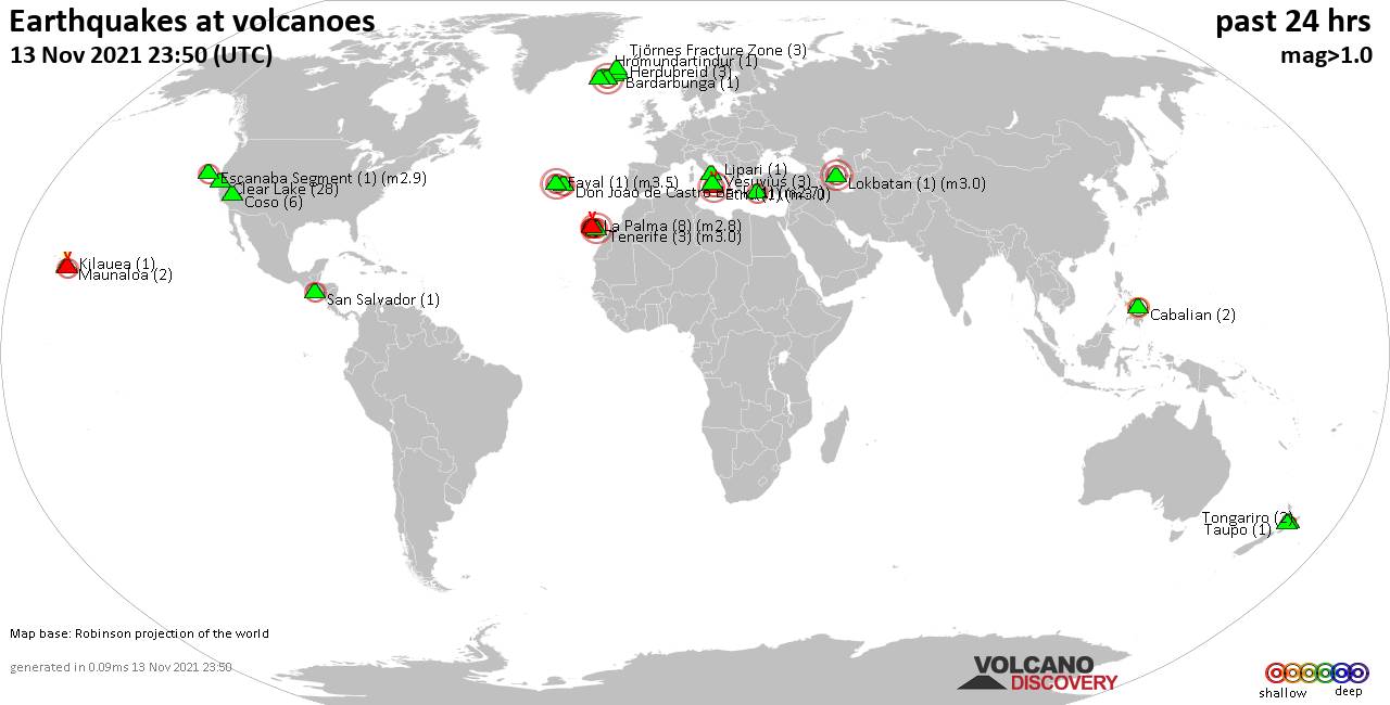 World map showing volcanoes with shallow (less than 20 km) earthquakes within 20 km radius  during the past 24 hours on 13 Nov 2021 Number in brackets indicate nr of quakes.