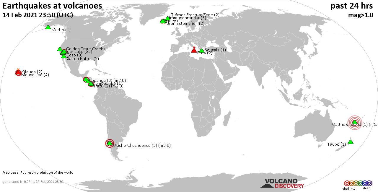 World map showing volcanoes with shallow (less than 20 km) earthquakes within 20 km radius  during the past 24 hours on 14 Feb 2021 Number in brackets indicate nr of quakes.