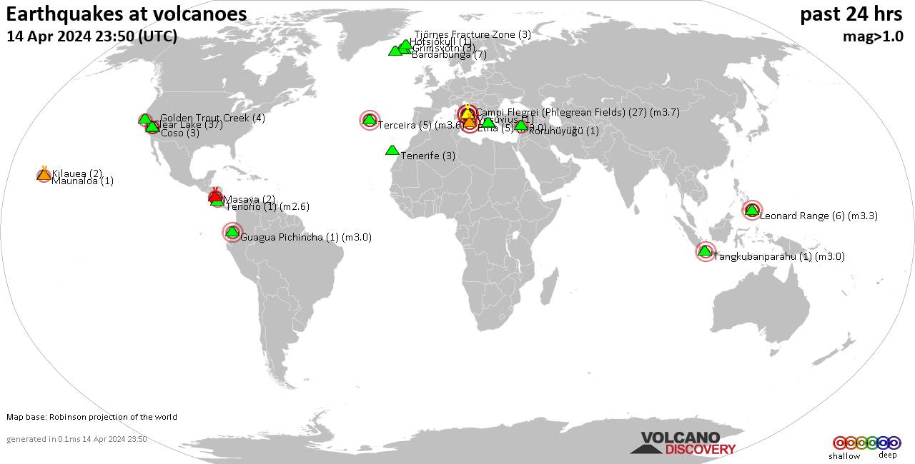 World map showing volcanoes with shallow (less than 50 km) earthquakes within 20 km radius  during the past 24 hours on 14 Apr 2024 Number in brackets indicate nr of quakes.