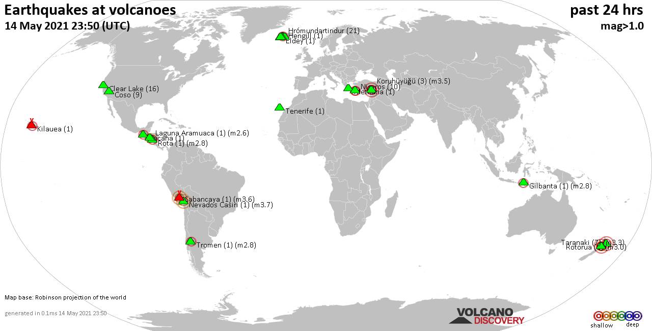 World map showing volcanoes with shallow (less than 20 km) earthquakes within 20 km radius  during the past 24 hours on 14 May 2021 Number in brackets indicate nr of quakes.