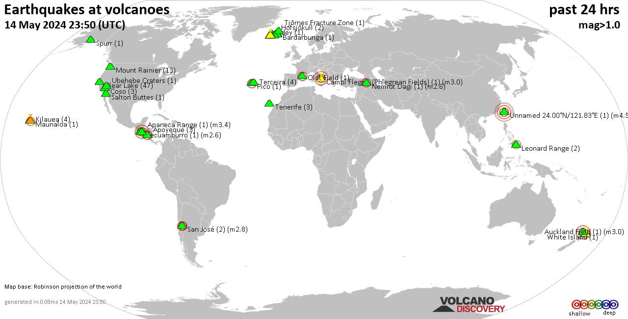 World map showing volcanoes with shallow (less than 50 km) earthquakes within 20 km radius  during the past 24 hours on 14 May 2024 Number in brackets indicate nr of quakes.