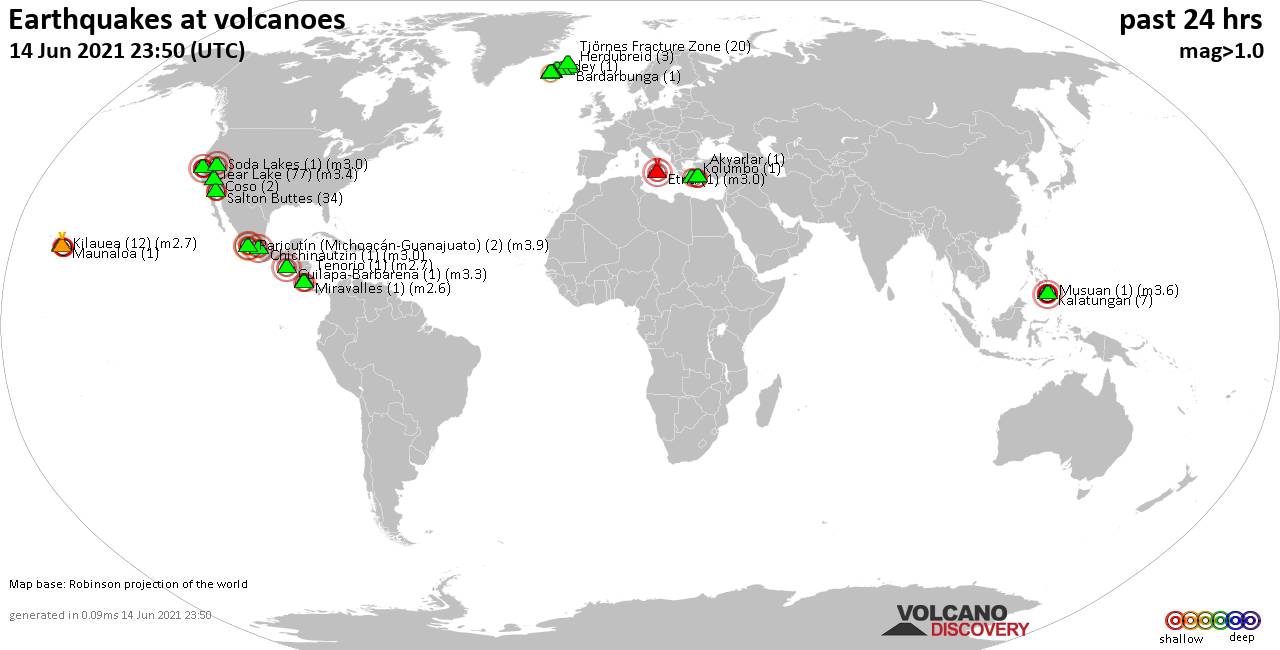 World map showing volcanoes with shallow (less than 20 km) earthquakes within 20 km radius  during the past 24 hours on 14 Jun 2021 Number in brackets indicate nr of quakes.