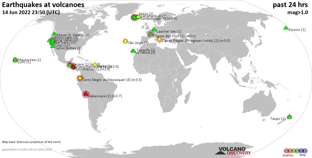 World map showing volcanoes with shallow (less than 50 km) earthquakes within 20 km radius  during the past 24 hours on 14 Jun 2022 Number in brackets indicate nr of quakes.