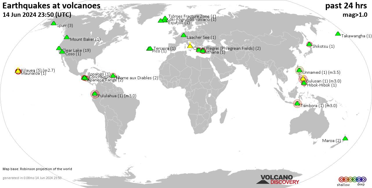 World map showing volcanoes with shallow (less than 50 km) earthquakes within 20 km radius  during the past 24 hours on 14 Jun 2024 Number in brackets indicate nr of quakes.