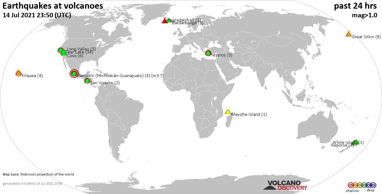 World map showing volcanoes with shallow (less than 20 km) earthquakes within 20 km radius  during the past 24 hours on 14 Jul 2021 Number in brackets indicate nr of quakes.