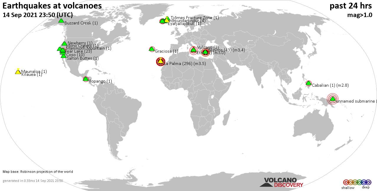 World map showing volcanoes with shallow (less than 20 km) earthquakes within 20 km radius  during the past 24 hours on 14 Sep 2021 Number in brackets indicate nr of quakes.
